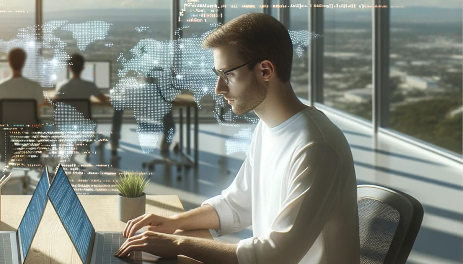 Man typing on computer with cutting edge hologram screen